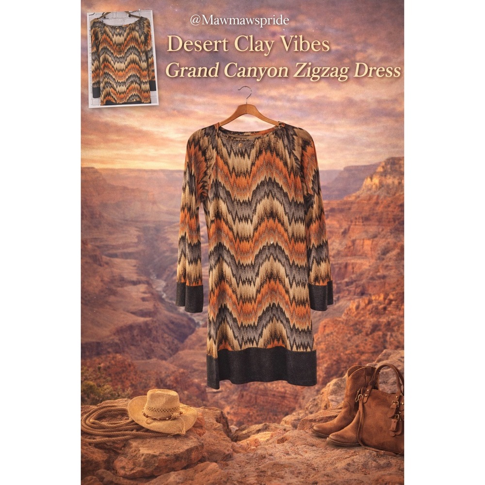 Desert Clay Vibes Zigzag Knit Mini Dress Southwestern Chevron Metallic Boho S